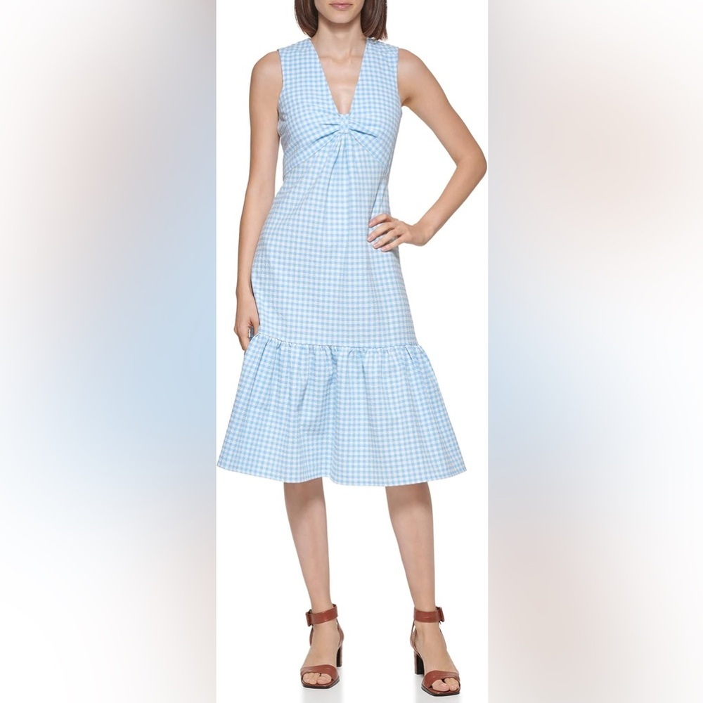 Womens Calvin Klein blue white gingham sleeveless dress ruffle hem 6